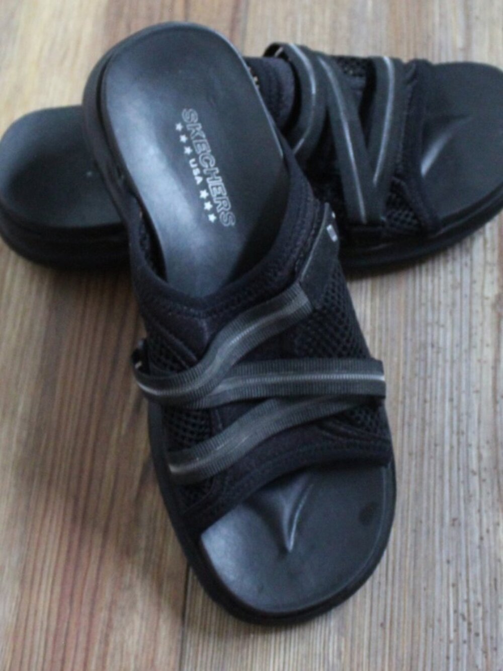 Skechers Cali Rumblers Young At Heart Black Wedge Sandals Strappy Slides 7.5